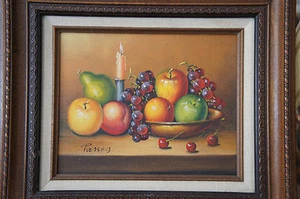 Vintage Framed Acrylic Painting Canvas Still Life Art Fruit Grapes Candle Signed - Picture 1 of 12