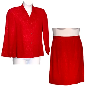 Vintage Tamotsu Size 8 Red Suit Glam Blazer Skirt Set V Neck Knee Silk Floral - Picture 1 of 10
