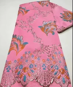 5 YARDS LOT PINK METALLIC BROCADE FABRIC 54" FLORAL EMBOSSED SCALLOPED EDGE - Picture 1 of 12