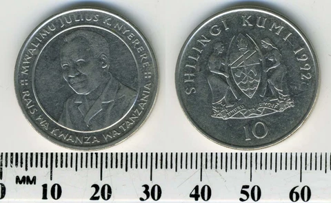 Tanzania 1992 - 10 Shilingi Nickel Clad Steel Coin - President J.K. Nyere - Arms Cover