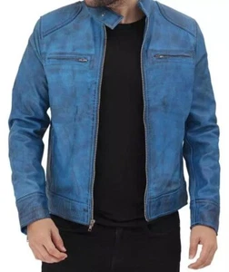 Men's Real Cow Leather Biker Stylish Jacket Blue Sexy Bluff - Picture 1 of 5