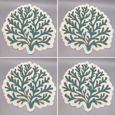 x4 Coastal Collection Beaded Ocean Blue Coral Reef Placemat Set Beach Decor 15" - Image 1 of 4