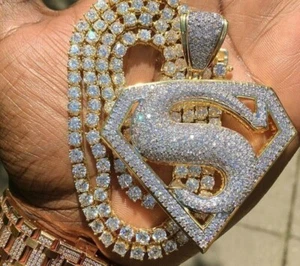 Men's 6Ct Real Moissanite Superman Men's Pendant 14K Yellow Gold Plated - Picture 1 of 7