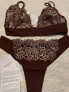 La Perla Metal Macrame Triangle Bra Thong Panty 32C XS Brown Copper Silk - Picture 1 of 2