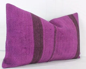 Decorative Purple Turkish Kilim Lumbar Pillow Cover 12x20 Purple Kilim Cushion - Picture 1 of 9