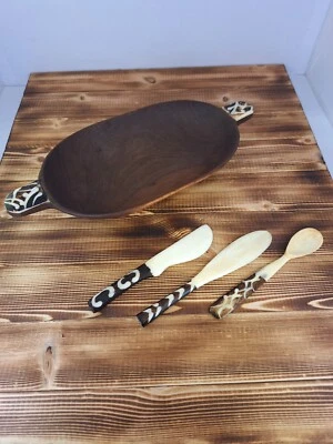 Шикарная африканская чаша ручной работы посуда кость / дерево 1 ложка 1 разбрасыватель 1 нож - Изображение 1 из 4