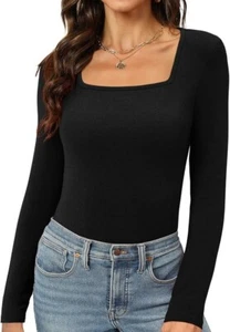 Womens Long Sleeve Square Neck Tops 2024 Fashion Slim Fit Tees Shirts-L - Picture 1 of 4