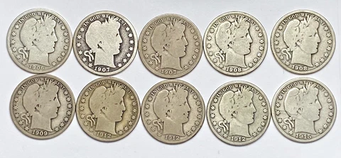1/2 Roll Lot Of Ten (10) 1906-1915 Barber Half Dollars G/VG Many VG & Mint Marks Cover