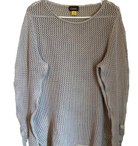 Cabela's Open Weave Lagenlook Fishnet Sweater Embroidered Sleeves Boho Soft Gray - Picture 1 of 7