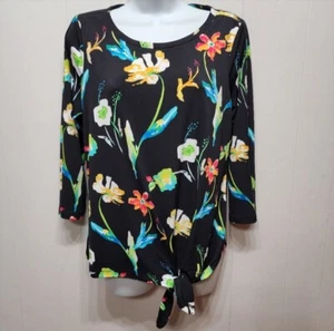 Rafaella Top Damen klein vorne zum Binden schwarz Blumenmuster 3/4-Arm Büro Freizeit B359 - Bild 1 von 4