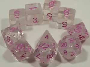 NEW RPG Dice 10pc - Mysty Clear White w/pink- 1@D4 D8 D10 D12 D20 D00-10 &4D6 - Picture 1 of 8