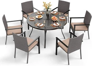 7 Pieces Round Patio Dining Set for 6 Metal Patio Table and Rattan Chairs Set - Picture 1 of 11