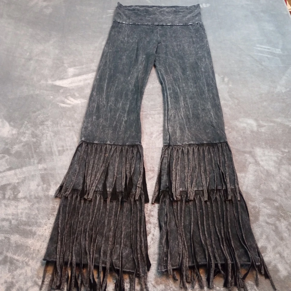 T Party Women High Waisted Fringe Flare Leg Mineral Wash Yoga Pants Size L Black - Image 1 of 4