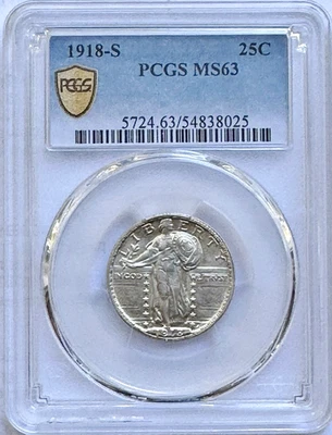 US 1918 S Standing Liberty Quarter PCGS MS 63 Beautiful BU Silver 25 Cents Coin - Image 1 of 4