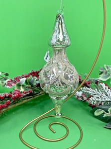1 Silver Glass Finial Ornament Small Beaded Pearls Clear Rhinestones 8.5in Long - Picture 1 of 14