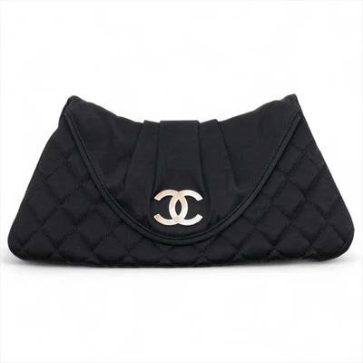 Chanel Coco Mark Satin Pouch Black Silver Metal Fittings 13XXXXXX - Image 1 of 4