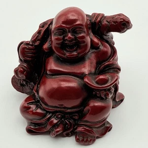 Vintage 2” Red Resin Laughing Budda Figurine w/ Ingot & Walking Bag - Picture 1 of 7
