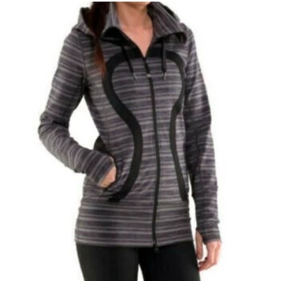 Lululemon Stride Jacket Black Gray Heathered Stripe Hooded Logo Size 6 - Image 1 of 4