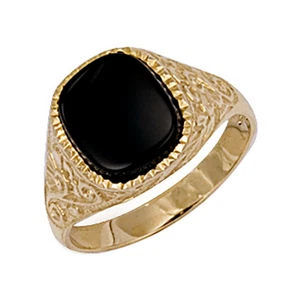 Anillo de sello de diseño de hombros enrollados de ónix negro de 9 quilates oro amarillo, talla T (171) - Imagen 1 de 1