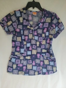 XS grafx By Barco Scrub Top Dark Blue With Flower Designs - Picture 1 of 6