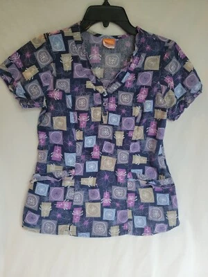 XS grafx By Barco Scrub Top Dark Blue With Flower Designs - Image 1 of 4