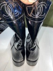 Chanel CC Boots 40.5 Black Patent Leather Satin Lined Short Ankle Calf Booties - Picture 1 of 23