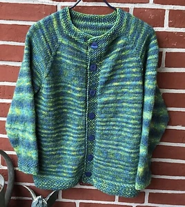 Raglan Strickjacke- grün blau gelb- Gr. L/XL (42/44)-Handgestrickt *Unikat* - Bild 1 von 1