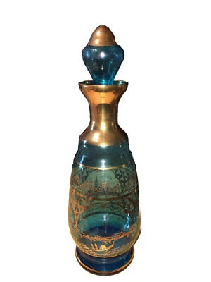 Antique Cenedese Hand Blown Glass Cobalt Blue Gold Accented Decanter w/Stopper - Image 1 of 4