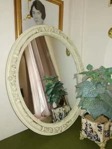 Vintage Shabby Chic Cream & Gold Oval Wall Mirror Wood & Gesso - Picture 1 of 6