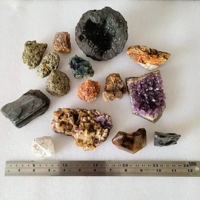 Natural Crystals Amethyst Pyrite Crocoite Aragonite Slate Obsidian Quart Bundle - Image 1 of 4