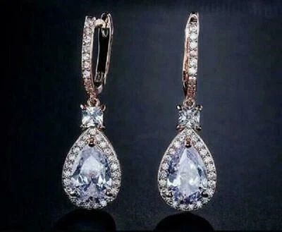 4.40Ct Lab Created Diamond Halo Drop/Dangle Womens Earrings 14K Rose Gold Plated - Image 1 of 3