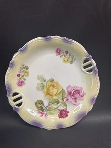 P K SILESIA Hand Painted Cake Plate Luster Yellow Purple Bead Yellow Pink Roses - Picture 1 of 9