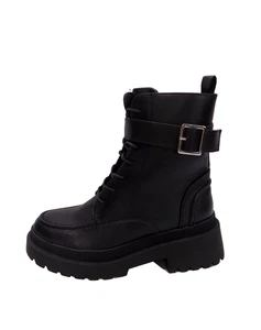 Botas negras con cordones suelas gruesas talla 5 para mujer tacón bajo plataforma cremallera hebilla motociclista - Imagen 1 de 13