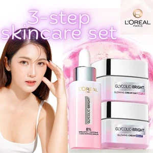 L'Oréal Serum Day Night Cream Glycolic Bright Skincare Glow Skin Tone Set of 3 - Picture 1 of 10