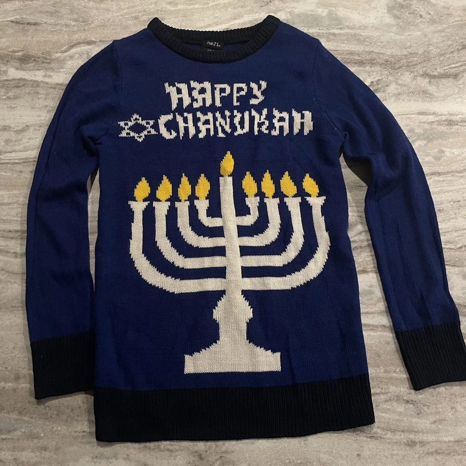 Свитер Rue21 Happy Chanukah XS синий менора огни праздник уродливое Рождество Ханука - Изображение 1 из 4
