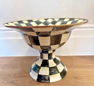 Mackenzie-Childs Courtly Check Enamel Compote Large Black & White - Picture 1 of 3