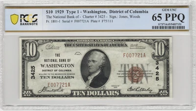 1929 Washington DC $10 National Banknote Charter 3245 PCGS Gem UNC 65 PPQ - Image 1 of 2