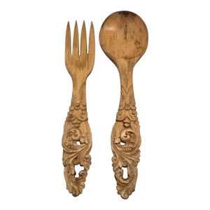 Juego de cubiertos Norwegian Primitive tallados a mano cuchara y tenedor 9" vintage - Imagen 1 de 10