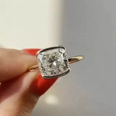 3Ct Cushion Cut Lab Created Diamond Bezel Set 14K Gold Plated Engagement Ring - Image 1 of 4