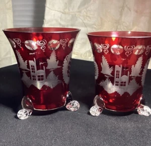 Vintage Egermann Bohemian Cut Clear Red 3 Footed Vases Czech 2 Pc. Set - Picture 1 of 12