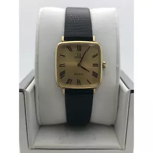 Omega Geneve Unisex Gold Tone Dial Black Leather Strap Watch - Picture 1 of 5