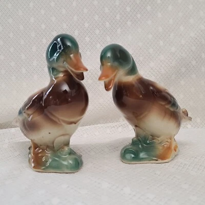 Vintage Ceramic Set/Pair Mallard Duck Green & Brown Glazed Figurines 5" (2) - Image 1 of 4