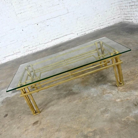 Art Deco Style Gold Steel Tube Rectangle Coffee Table Glass or Brown Marble Top Cover