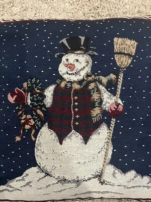 Throw Pillow Snowman Tapestry  17" x 17" Winter Scene Blue and Cream NWOT - Image 1 of 3