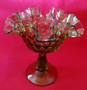 Vintage Fenton Green Glass Compote/Candy Dish Thumbprint Pattern Ruffled Rim - Picture 1 of 3