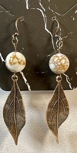 Copper Toned Leaf w/Multi-Colored Bead Dangle Earrings, 3 Inches Long - Picture 1 of 3