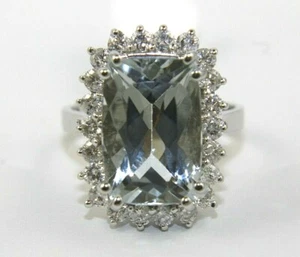 Natural Radiant Aquamarine & Diamond Halo Solitaire Ring 14k White Gold 6.88Ct - Picture 1 of 7