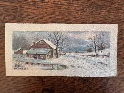 Vintage 1920s Watercolor Painting Snowy Winter Rural Farmhouse WC Vincent 3 x 7 - Image 1 of 4