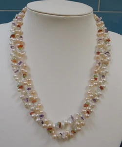 Sterling Silver 925, 2-Strand Freshwater Cultured Pearl & Gemstone Necklace - Picture 1 of 13