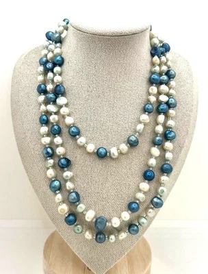 Elegante lange Süßwasserperlenkette mit blauen & weißen Barock-Perlen - Bild 1 von 4